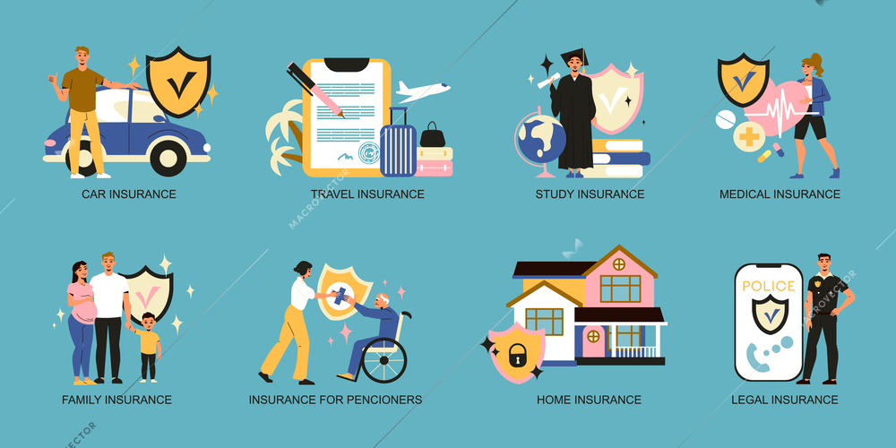 Set of isolated insurance compositions with icons of protection and medical care education with human characters vector illustration