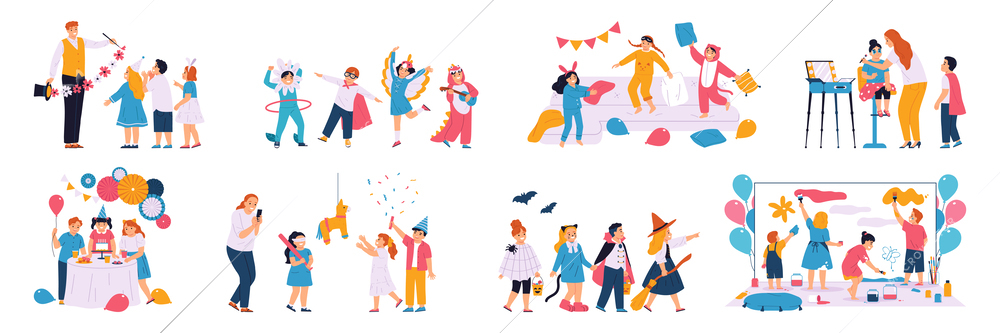 Children party flat icons set with happy kids and parents celebratins isolated vector illustration