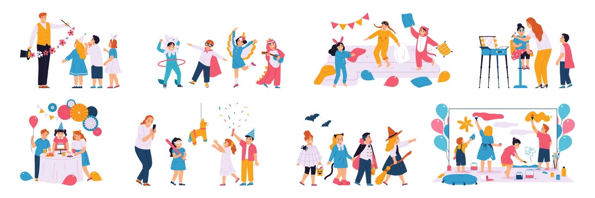 Children party flat icons set with happy kids and parents celebratins isolated vector illustration