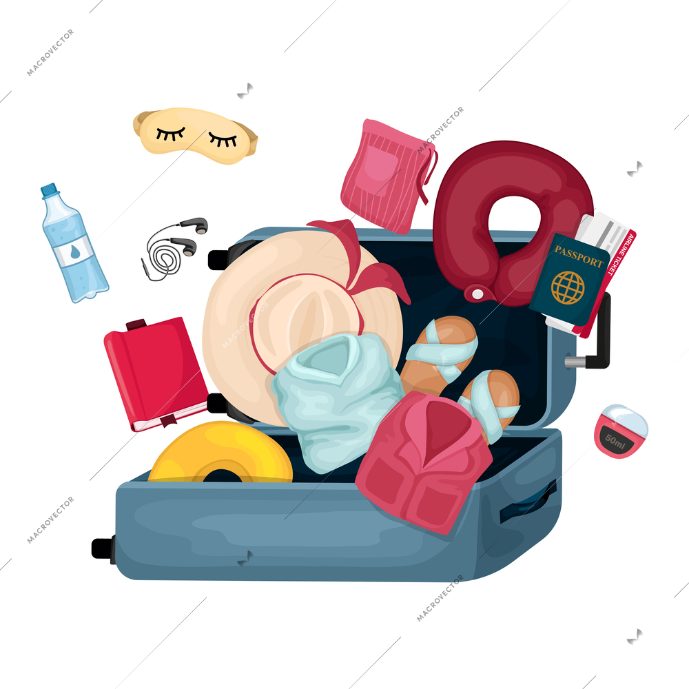 Travel baggage colored composition at white background with opened touristic suitcase full of things cartoon vector illustration