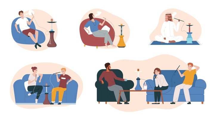 Five isolated hookah bar flat icon set with people of different genders and ages smoke vector illustration