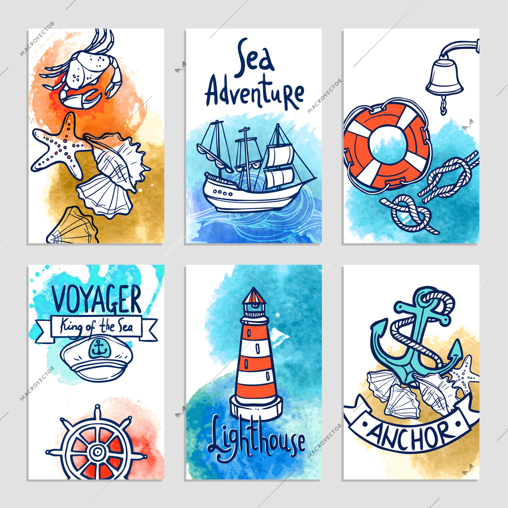 Nautical cards set with hand drawn sea adventure elements isolated vector illustration