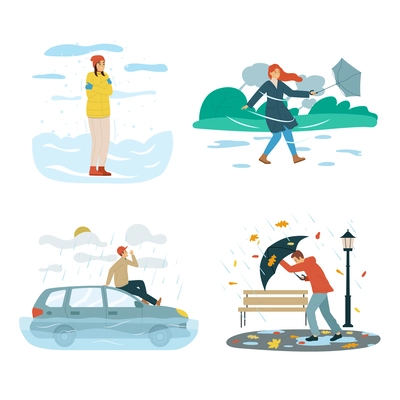 Four bad weather people flat icon set high winds and rain create obstacles for people vector illustration