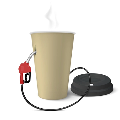 Fueling realistic design concept with fuel gas handle pump nozzle  inserted in paper cup of hot coffee vector illustration