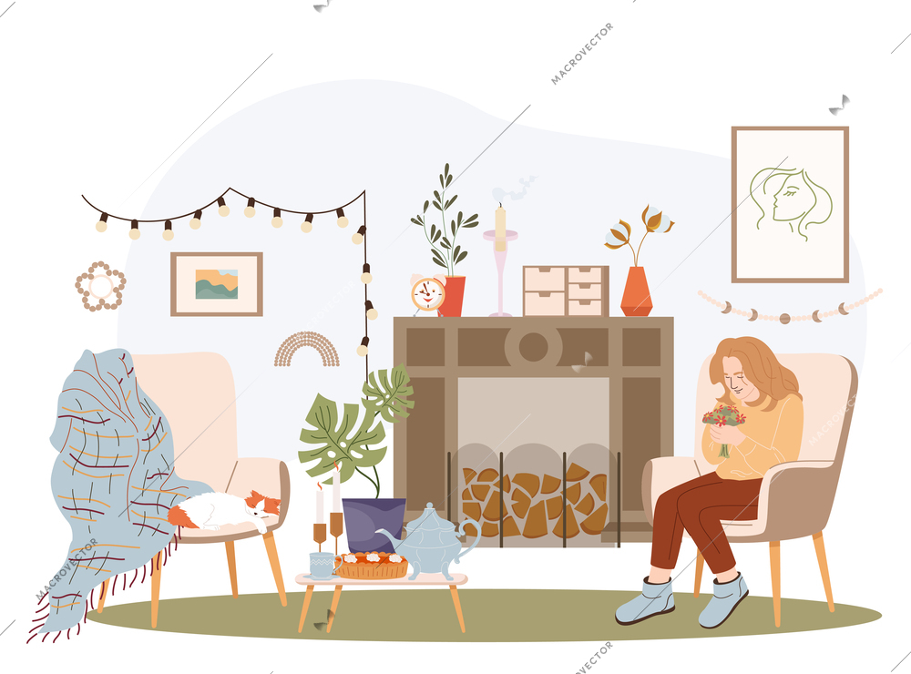 Self care concept with cozy atmosphere symbols flat vector illustration