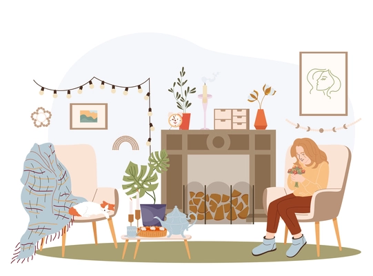 Self care concept with cozy atmosphere symbols flat vector illustration