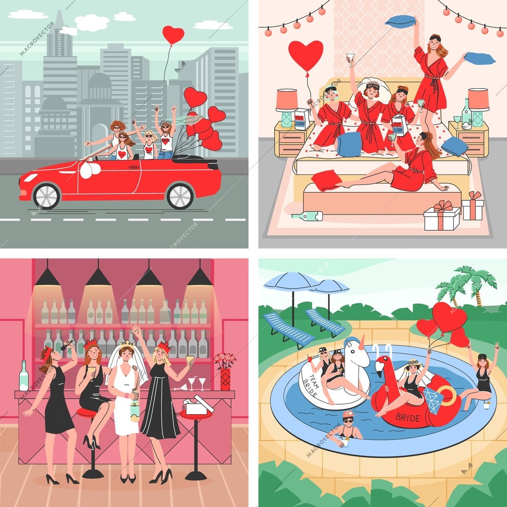 Bachelorette party hen party 2x2 set of square compositions with female friends in various party situations vector illustration