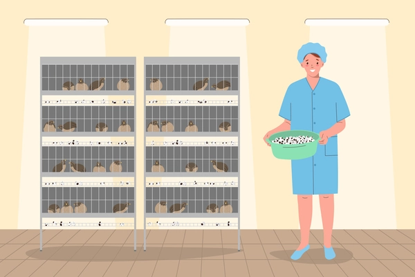 Eggs production poultry factory interior with quails in cages and female worker flat vector illustration