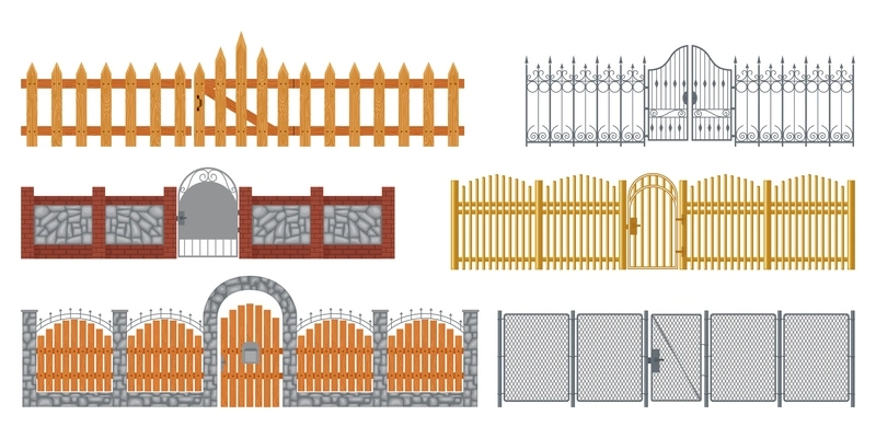 Fences flat set of isolated icons with front views of wooden stone and iron perimeter walls vector illustration