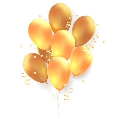 Celebration party realistic background with bunch of gold air balloons decorated by gold ribbons vector illustration