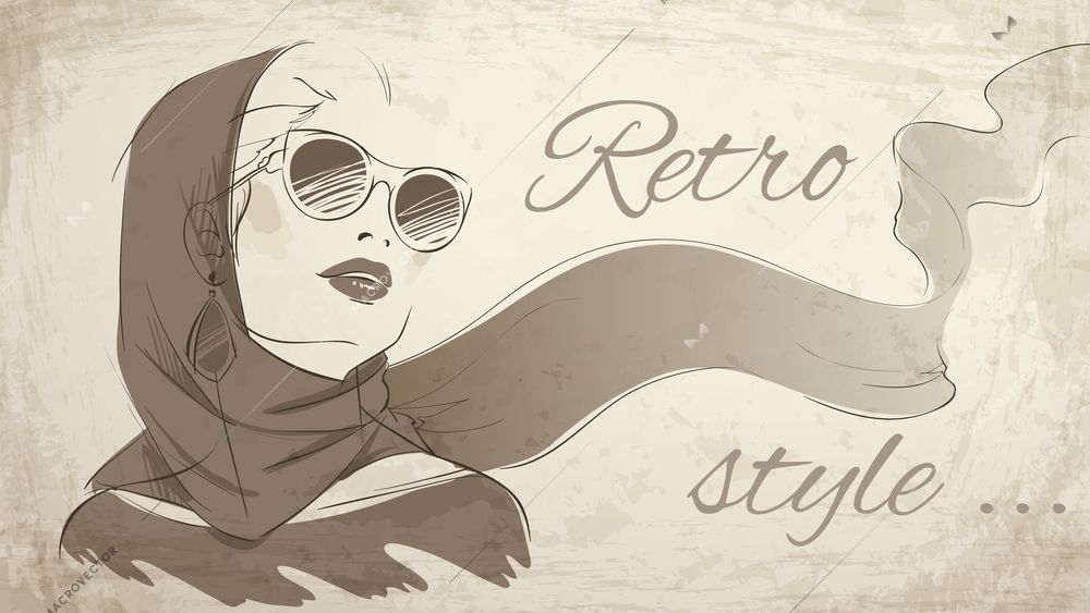 Beautiful retro woman portrait wearing kerchief and sunglasses vector illustration