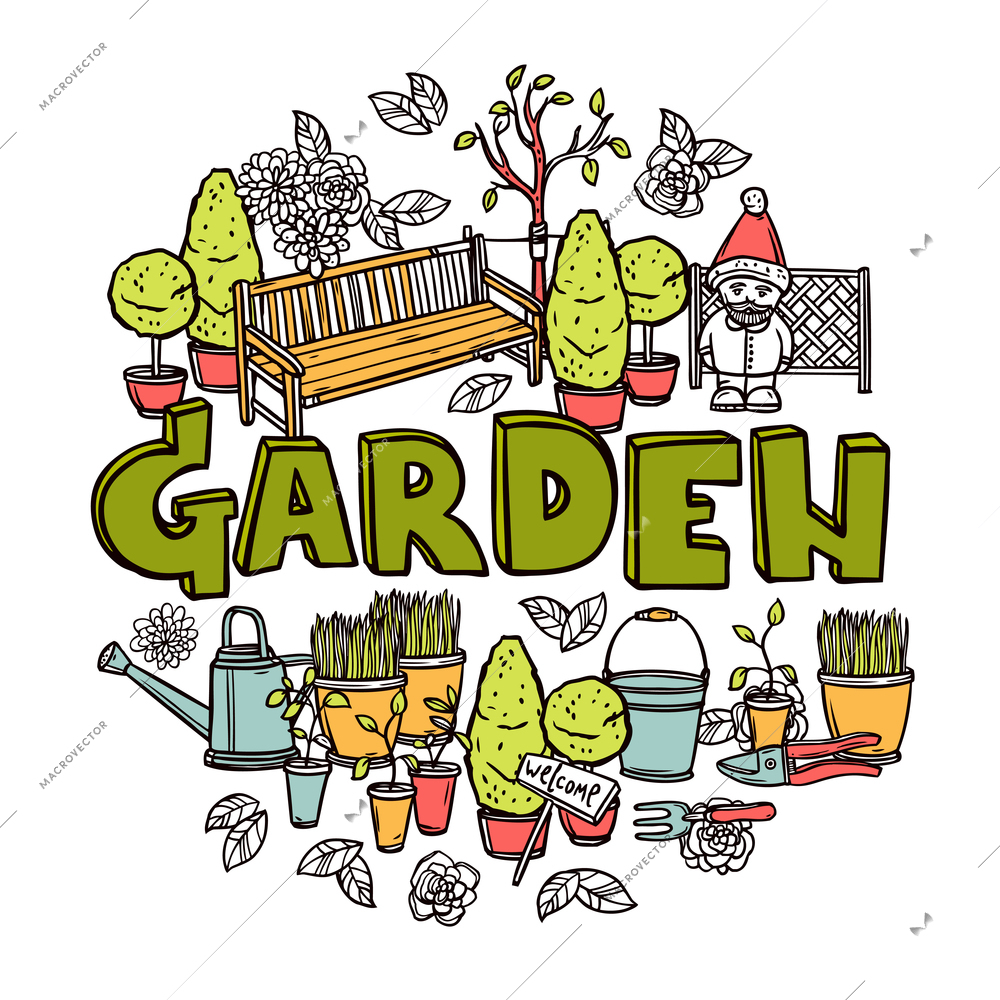 Gardening design concept with agriculture tools and equipment sketch vector illustration