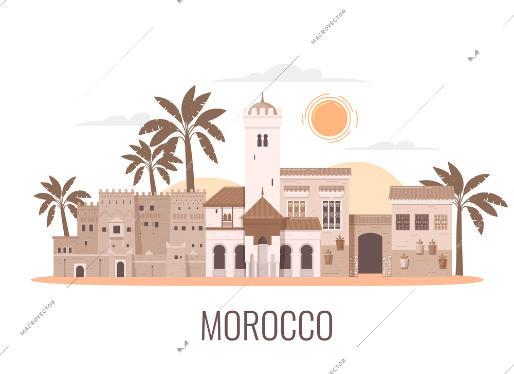 Morocco touristic travel flat composition with isolated view of traditional architecture buildings palms sky and text vector illustration