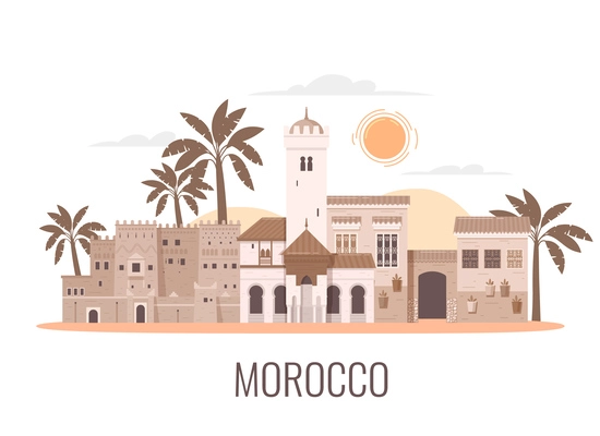 Morocco touristic travel flat composition with isolated view of traditional architecture buildings palms sky and text vector illustration