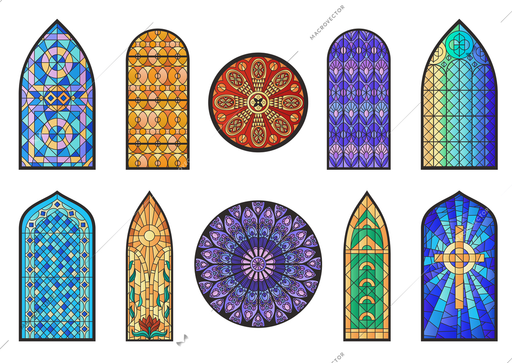 Stained glass mosaic church temple cathedral windows flat set of isolated ornate mirrors on blank background vector illustration