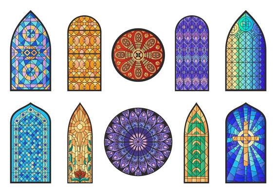 Stained glass mosaic church temple cathedral windows flat set of isolated ornate mirrors on blank background vector illustration