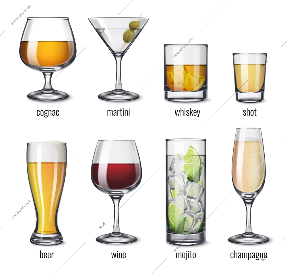 Alcohol drinks glassware set with isolated realistic icons of glasses with champagne beer wine and whiskey vector illustration