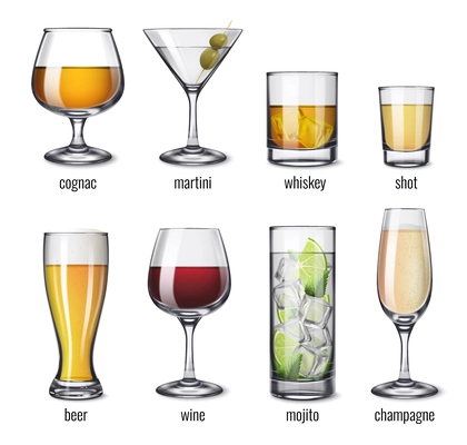 Alcohol drinks glassware set with isolated realistic icons of glasses with champagne beer wine and whiskey vector illustration