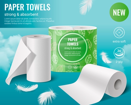 Toilet paper kitchen towels rolls realistic composition with editable text icons feathers and clouds on sky vector illustration