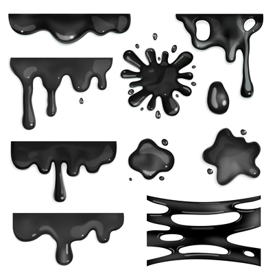 Realistic black slime icons set with liquid splashes and blotches isolated vector illustration