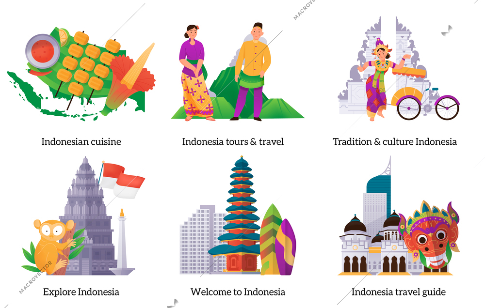 Indonesia flat compositions set with traditional cuisine and landmarks isolated vector illustration