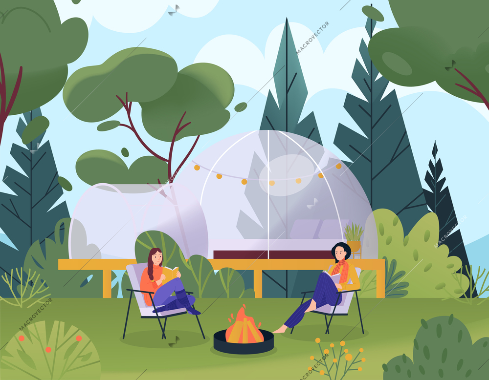 Glamping flat concept with girls sitting near campfire and transparent bubble tent on background vector illustration