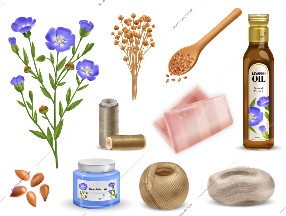 Realistic flax icons set with flowers oil and cosmetic products isolated vector illustration