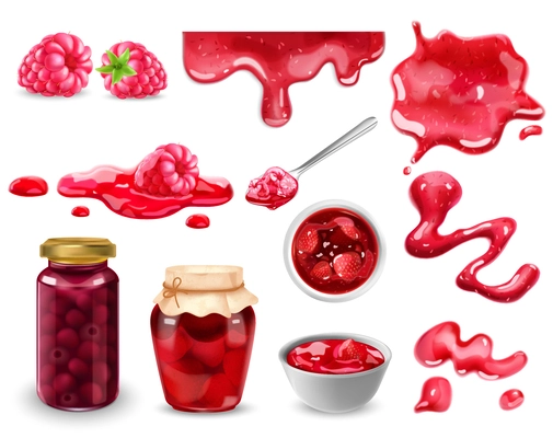 Realistic jam icons set with red garden berries on white background isolated vector illustration