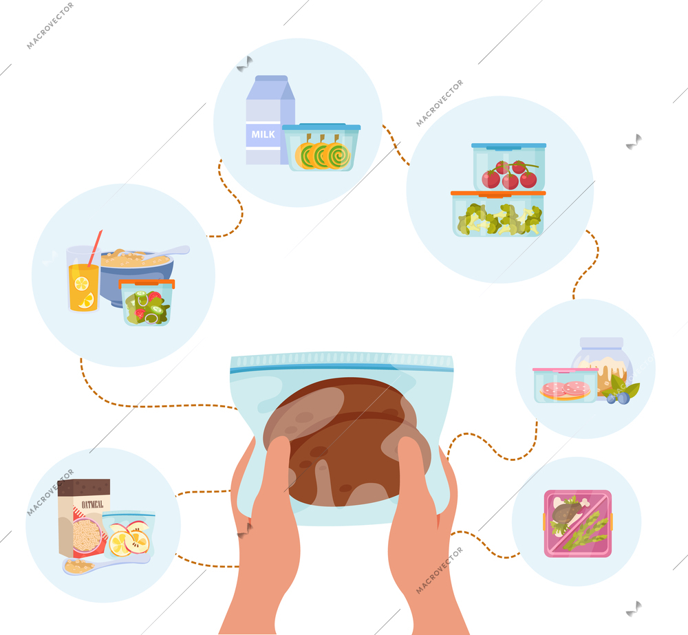 Food containers and zero waste storage background with human hands surrounded by compositions of packed meals vector illustration