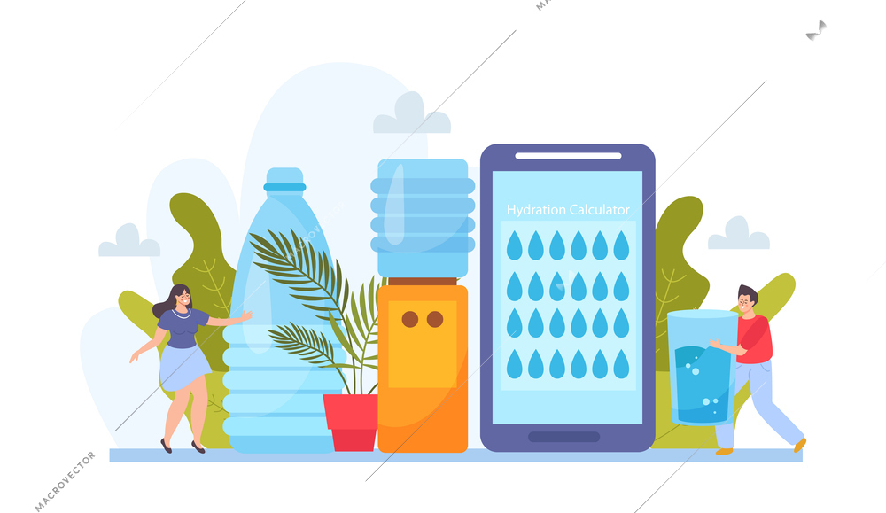 Water balance flat composition with human characters icons of water cooler with bottle and smartphone app vector illustration