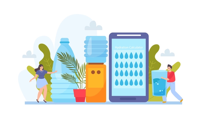 Water balance flat composition with human characters icons of water cooler with bottle and smartphone app vector illustration