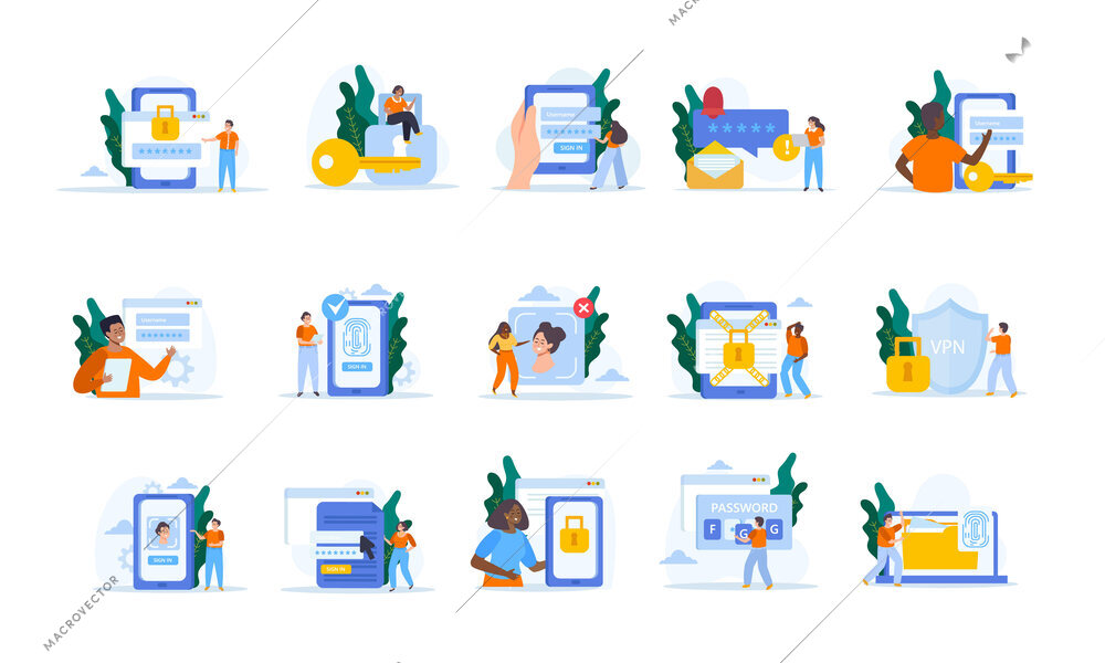 Smartphone data protection set of isolated compositions with flat icons of gadgets locks and doodle people vector illustration