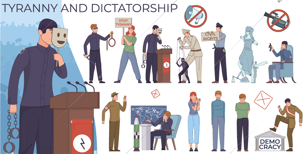 Dictatorship politic flat compositions with text and human characters of caught protesters with freedom prohibition icons vector illustration