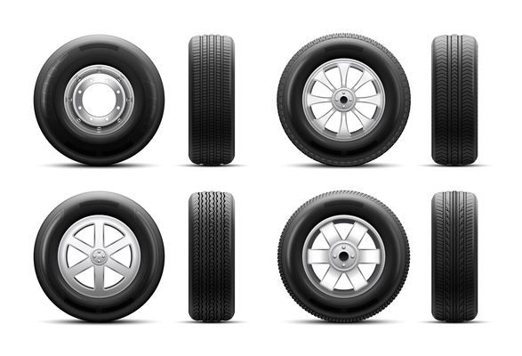 Front and side view of car wheels with various disks realistic set on white background isolated vector illustration