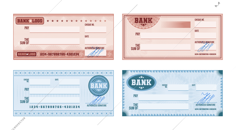 Blank bank check template with blue and pink guilloche pattern and signature realistic set isolated vector illustration