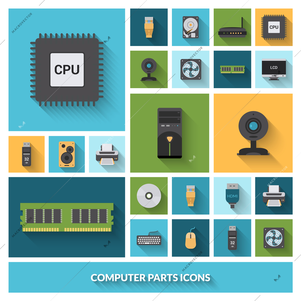 Computer parts decorative icons set with processor camera keyboard isolated vector illustration