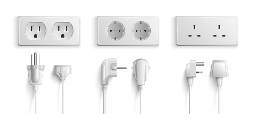 Realistic mockup of electric wall sockets and plugs with different port connectors white set isolated vector illustration