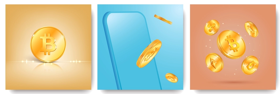 Crypto coin set of three square compositions with realistic images of golden coins and smartphone frame vector illustration