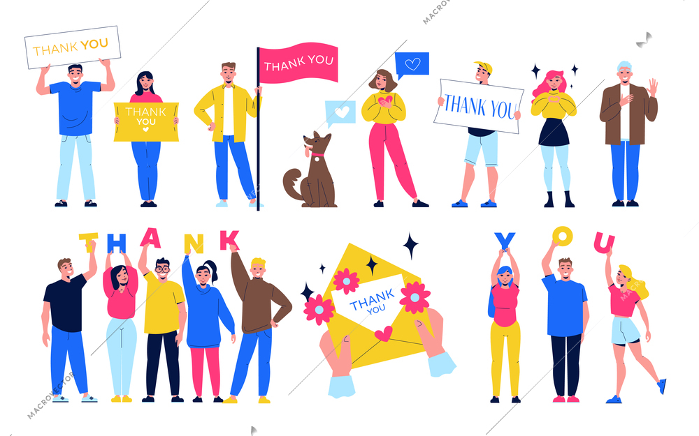 Thank you flat icons set with people expressing gratitude isolated vector illustration