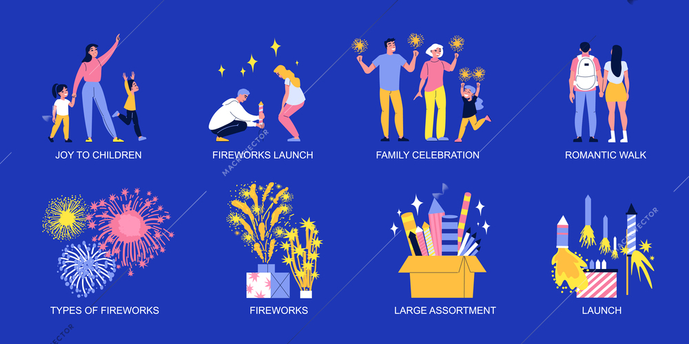 Firework flat icons set with people using and watching pyrotechnic items isolated vector illustration