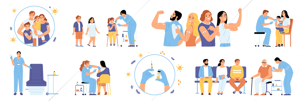 Vaccination flat icons set with people taking immune medication shots isolated vector illustration