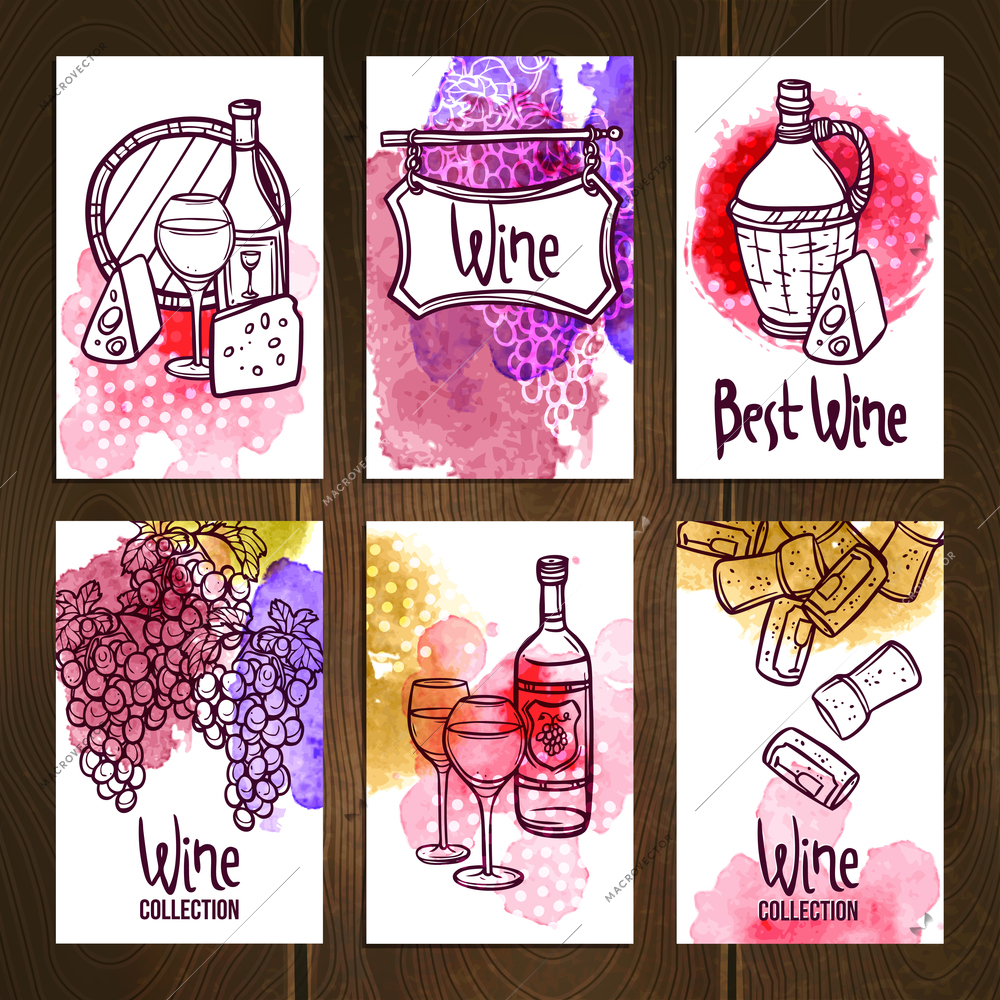 Wine cards set with hand drawn alcohol drink elements isolated vector illustration