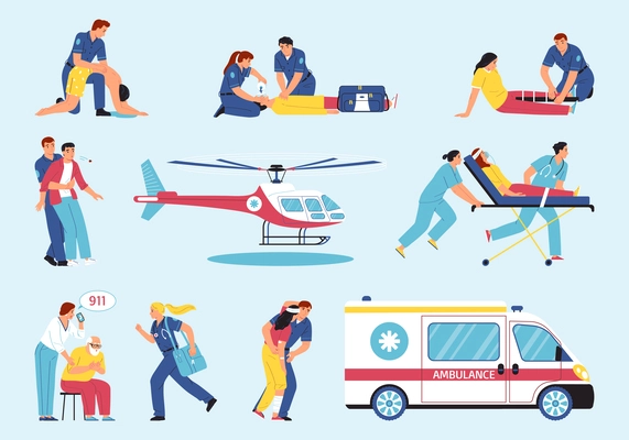 First aid flat icons set with paramedics helping people in emergency situations isolated vector illustration