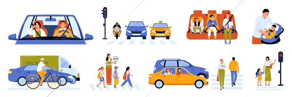 Safety and transport set with city street symbols flat isolated vector illustration