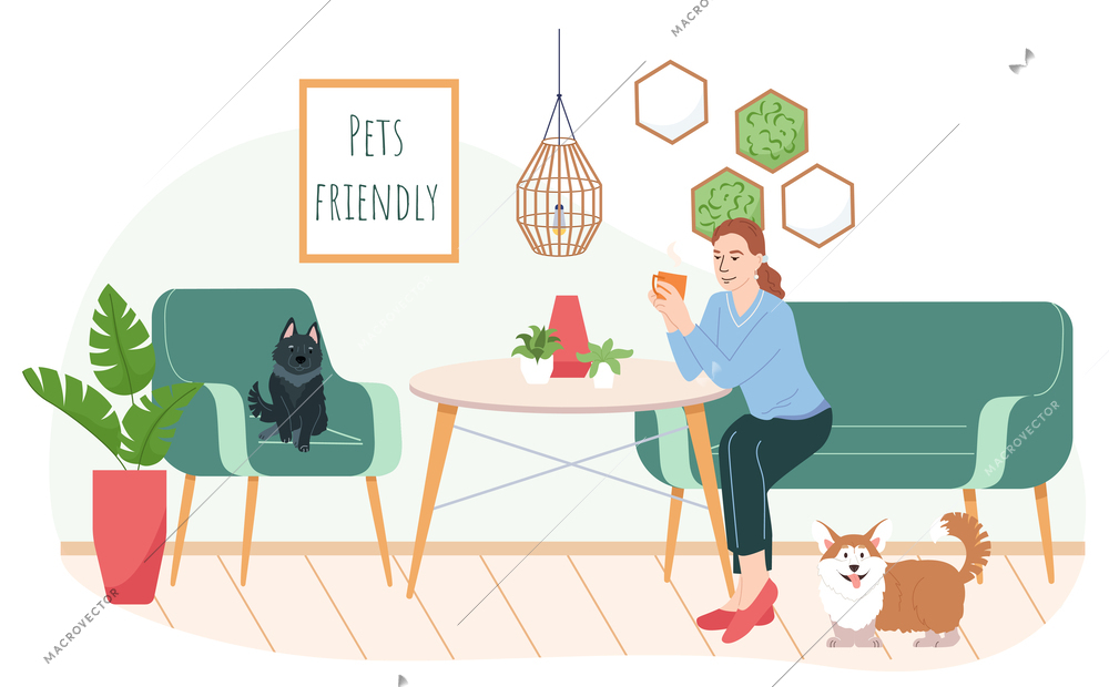 Pet friendly interior concept with cafe meal and dog symbols flat vector illustration