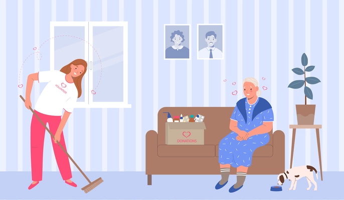 Volunteering flat concept with female volunteer helping elderly woman with tidying up feeding her dog and bringing medicine vector illustration