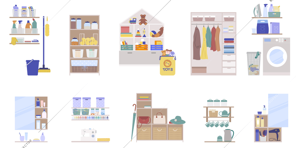 Storage room flat set with space and furniture for keeping various household objects isolated vector illustration