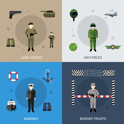 Military design concept set with land air marines forces and border troops flat icons isolated vector illustration