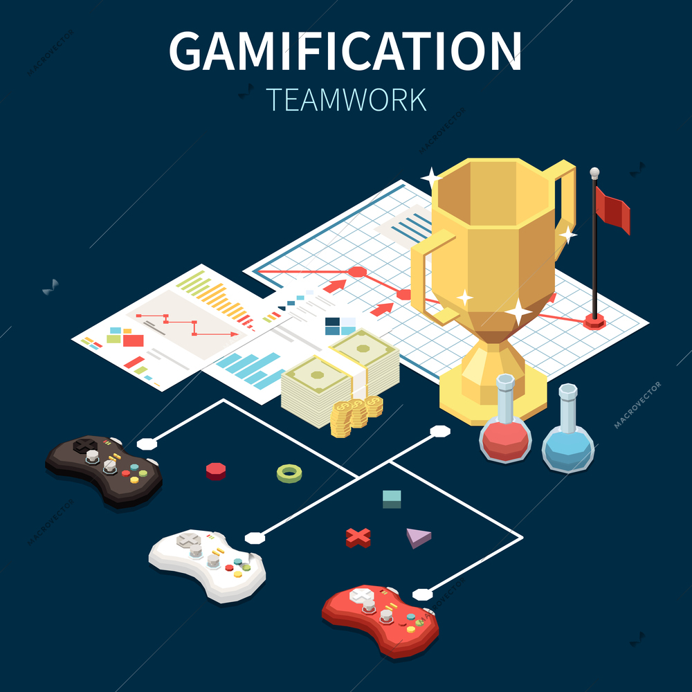 Business gamification and teamwork concept with game joystick and winner cup 3d isometric vector illustration