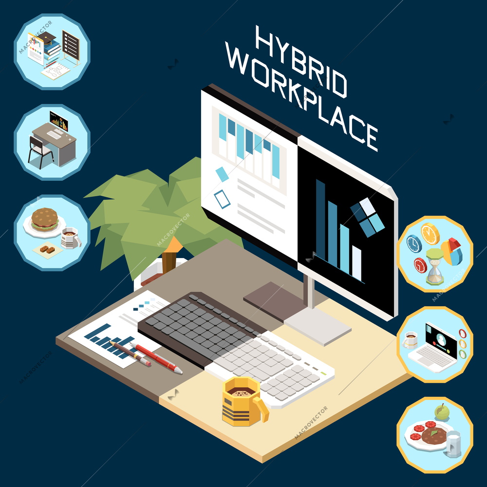 Hybrid work flexible workplace at home in office isometric concept with 3d elements vector illustration